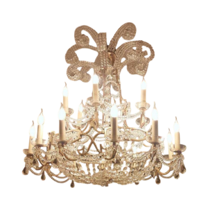 Elégant lustre à guirlandes perlées en cristal, structure en laiton étamé, ca 1900-1920