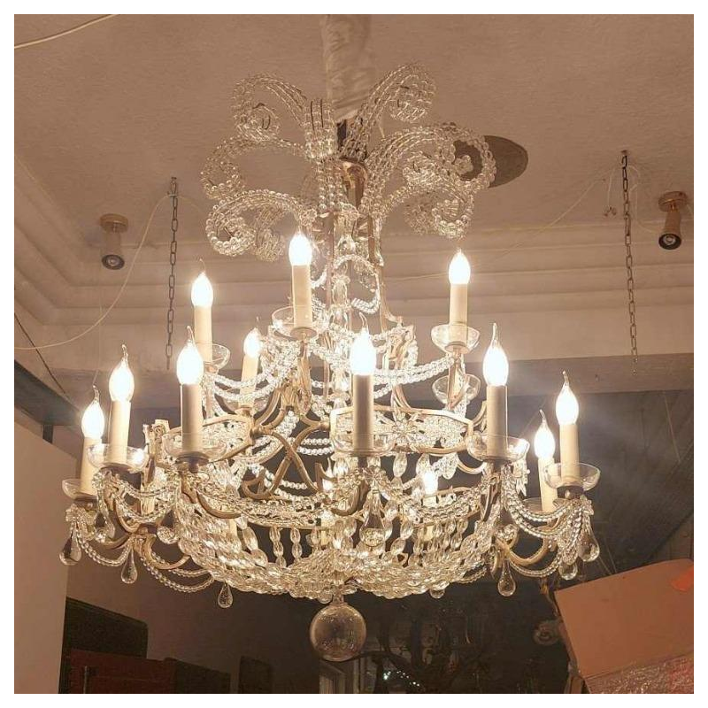 Elegant chandelier with beaded crystal garlands, tin-plated brass structure, ca 1900-1920