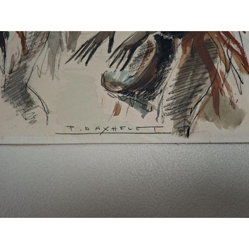 Paul DAXHELET 'Afrikaanse dansers en muzikanten' gemengde techniek op papier