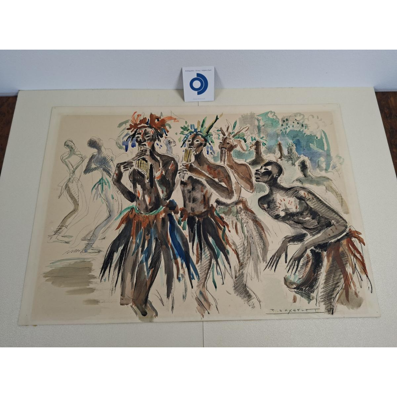 Paul DAXHELET 'Danseurs et musiciens africains' technique mixte sur papier