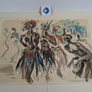 Paul DAXHELET 'African dancers and musicians' mixed media on paper