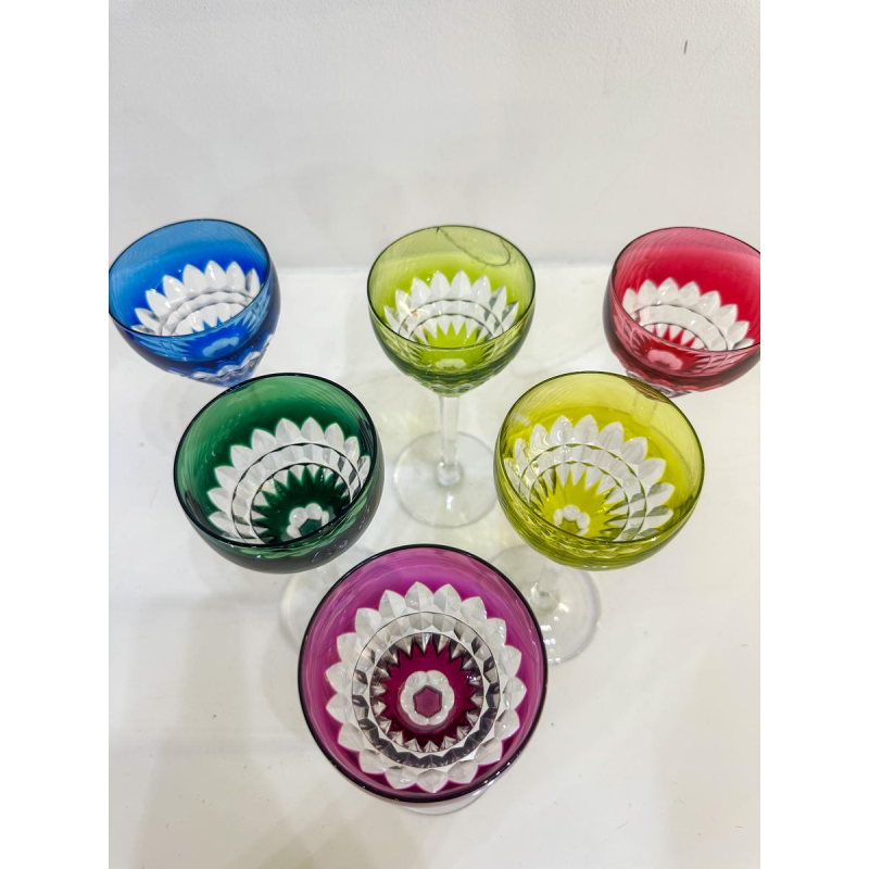 Val Saint-Lambert, set of 6 colored cut glasses and crystal carafe, 20th century