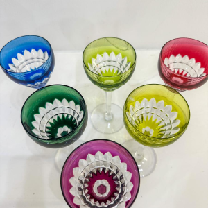 Val Saint-Lambert, set of 6 colored cut glasses and crystal carafe, 20th century