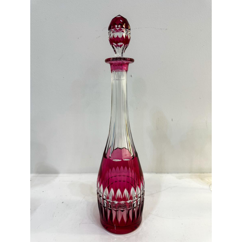 Val Saint-Lambert, ensemble de 6 verres taillés colorés et carafe en cristal, 20e siècle