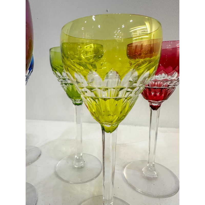 Val Saint-Lambert, set of 6 colored cut glasses and crystal carafe, 20th century