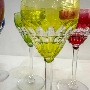 Val Saint-Lambert, set of 6 colored cut glasses and crystal carafe, 20th century