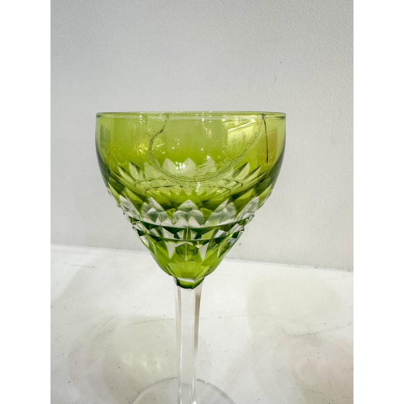 Val Saint-Lambert, set of 6 colored cut glasses and crystal carafe, 20th century