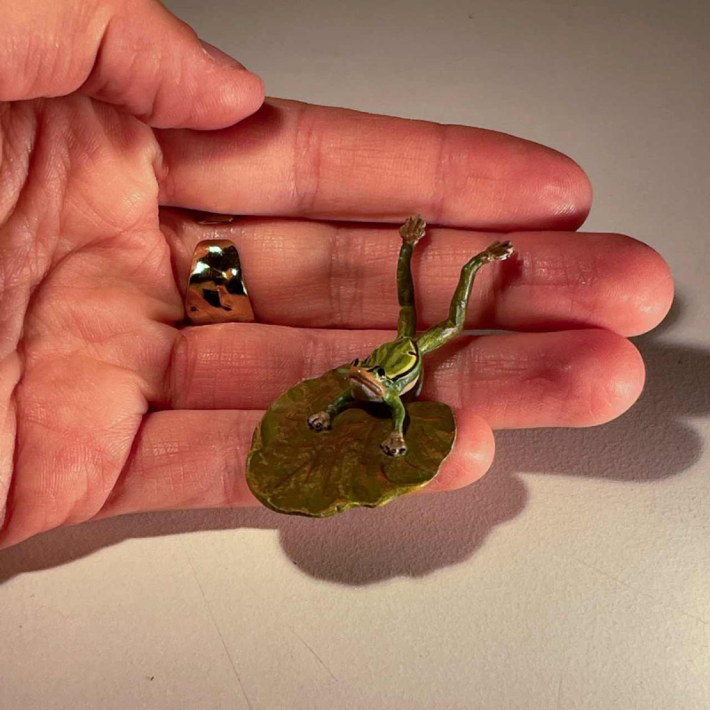 Franz Bergmann “Diving Frog at the Water Lily” polychrome bronze sculpture from Vienna, ca 1900