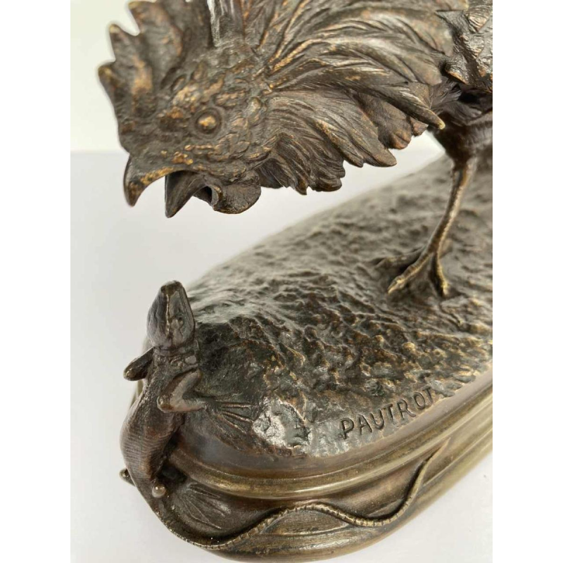 Ferdinand Pautrot 'Le coq et le lézard' sculpture en bronze