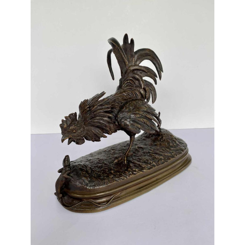 Ferdinand Pautrot - De haan en de hagedis - bronzen sculptuur