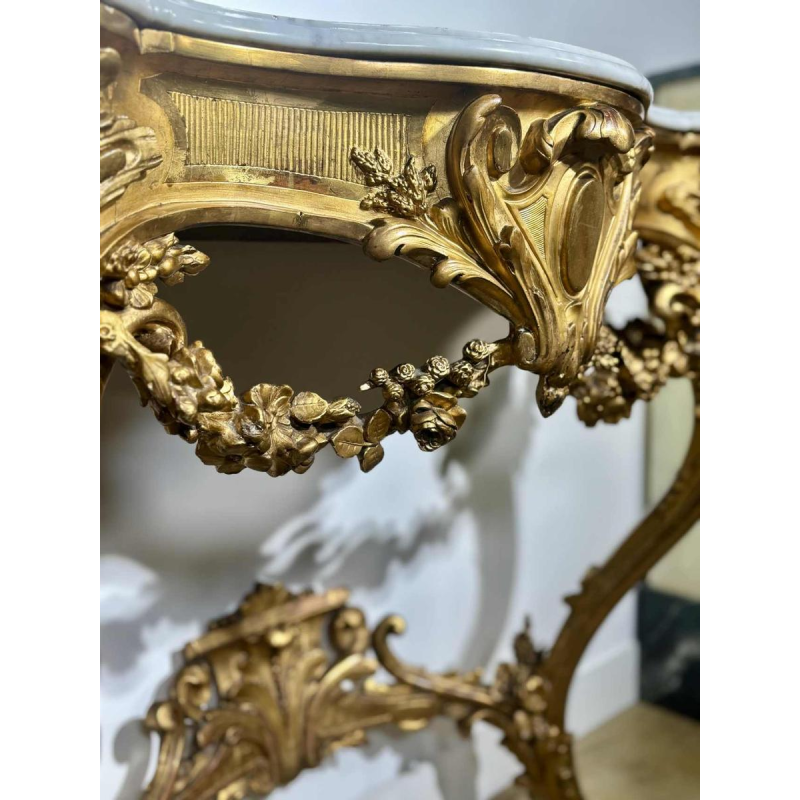 Carved and gilded wood wall console with white marble top - 19th century