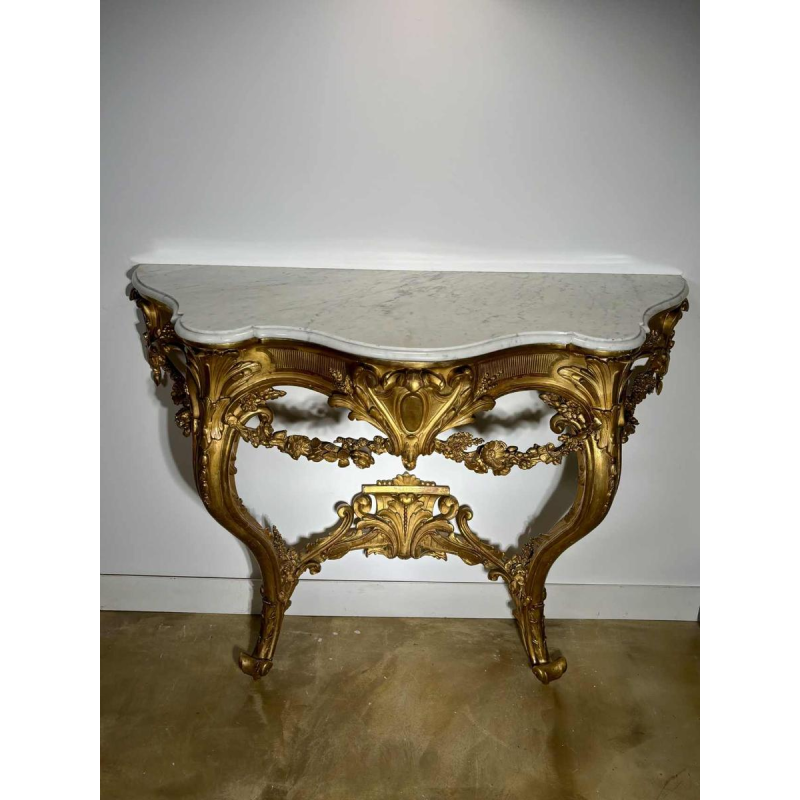 Carved and gilded wood wall console with white marble top - 19th century
