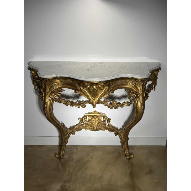 Carved and gilded wood wall console with white marble top - 19th century