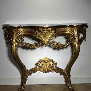 Carved and gilded wood wall console with white marble top - 19th century