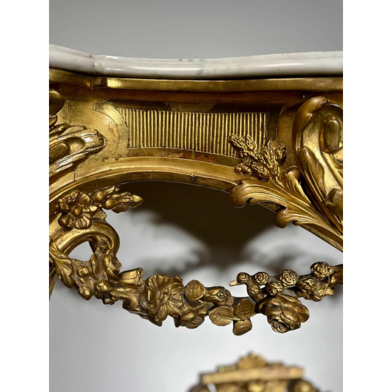 Carved and gilded wood wall console with white marble top - 19th century