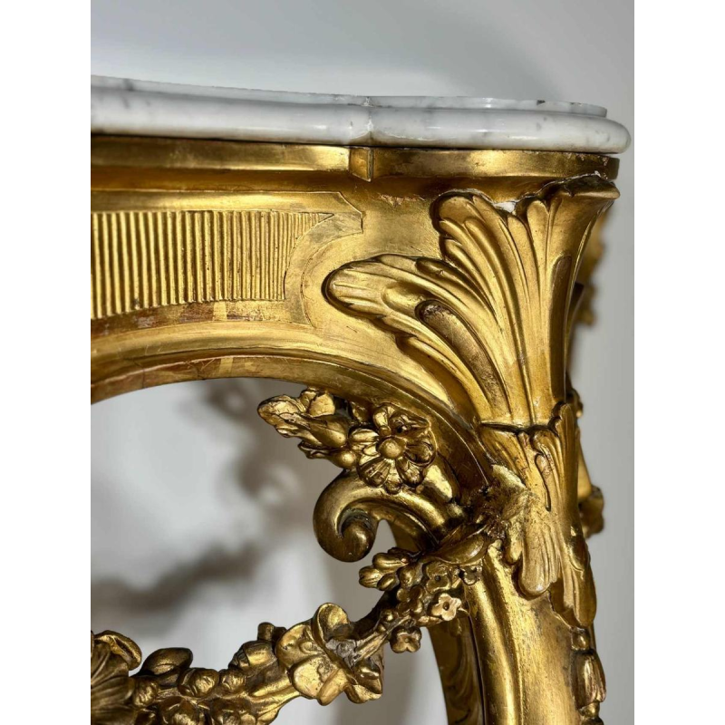 Carved and gilded wood wall console with white marble top - 19th century