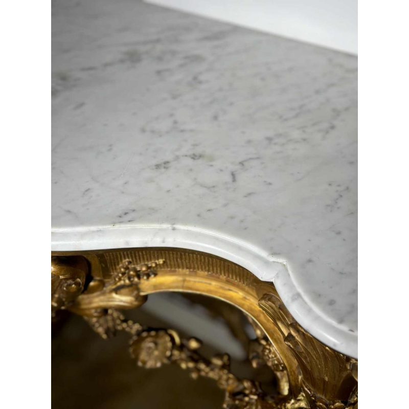 Carved and gilded wood wall console with white marble top - 19th century