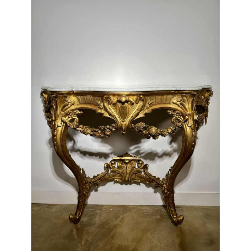 Carved and gilded wood wall console with white marble top - 19th century