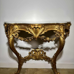 Carved and gilded wood wall console with white marble top - 19th century