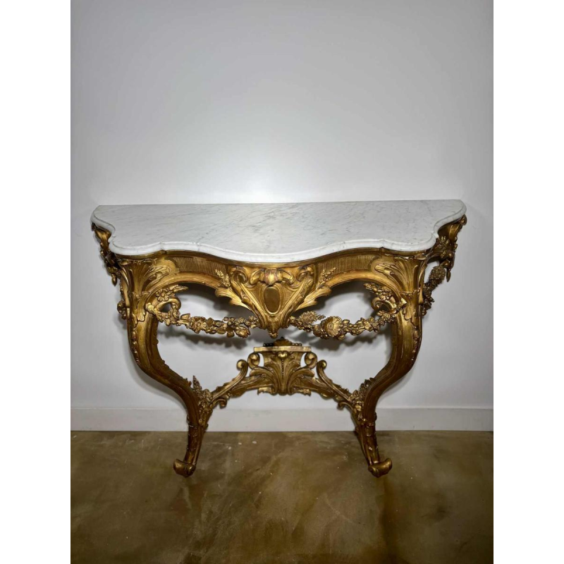 Carved and gilded wood wall console with white marble top - 19th century