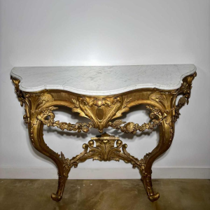 Carved and gilded wood wall console with white marble top - 19th century