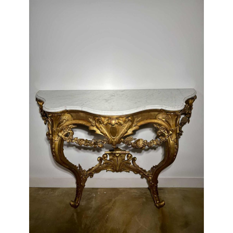 Carved and gilded wood wall console with white marble top - 19th century