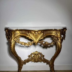 Carved and gilded wood wall console with white marble top - 19th century
