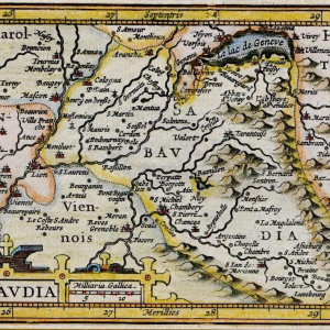 Jodocus Hondius uitgever, kaart van Savoie Sabaudia gravure, Frankrijk begin 17e eeuw