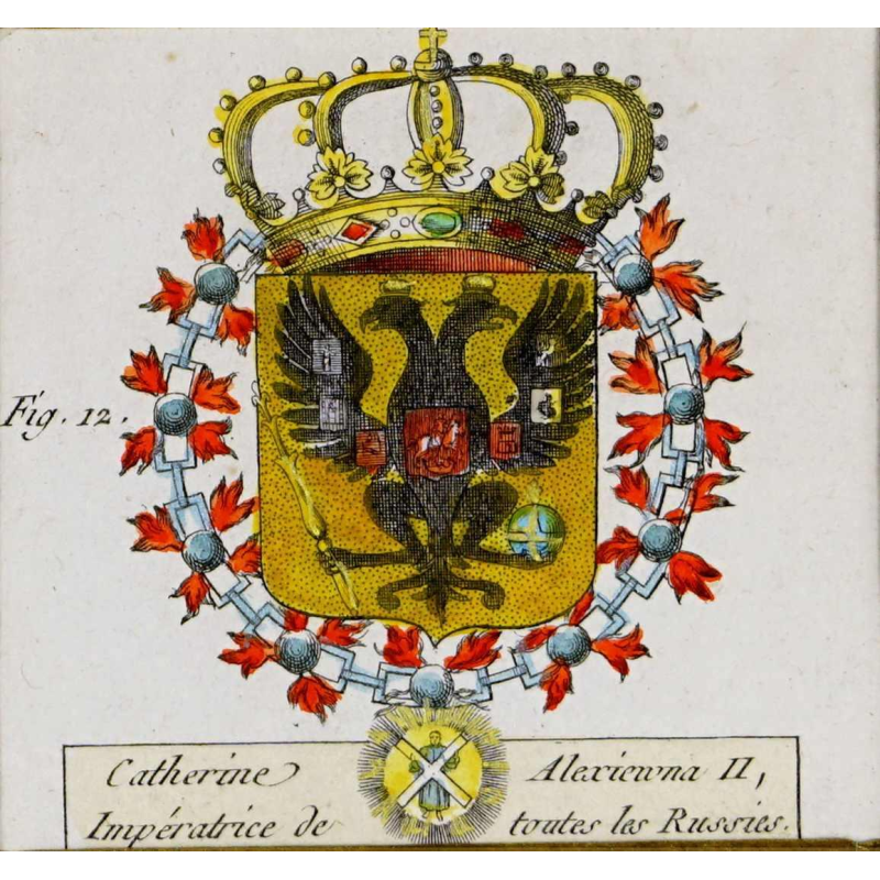 Gravure van het wapenschild 'Catherine II, Impératrice de toutes les Russies' XVIIIe s