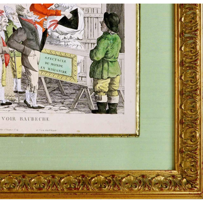 Gravure "Allez voir Baubèche" Spectacle du monde en miniature - Époque Empire