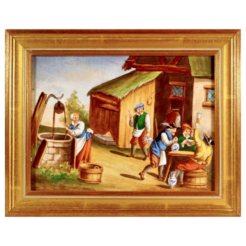 Porseleinen bord met geschilderde decoratie naar Teniers, 19e eeuw