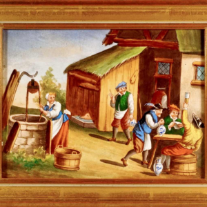 Porseleinen bord met geschilderde decoratie naar Teniers, 19e eeuw