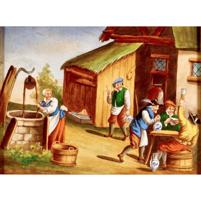 Porseleinen bord met geschilderde decoratie naar Teniers, 19e eeuw