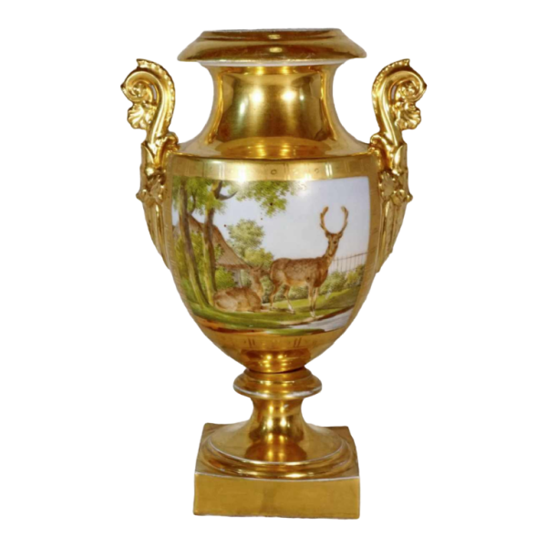 Paris porcelain, Empire period baluster vase, painted landscape and deer decoration, early 19th century