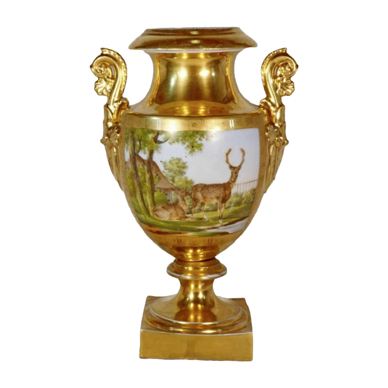 Parijs porselein, Empire periode balustervaas, beschilderd landschap en hert decoratie, begin 19e eeuw