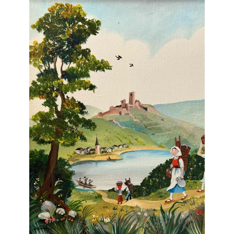 Marie-Louise BATARDY « De oogst » schilderij acryl op doek, ca 1980