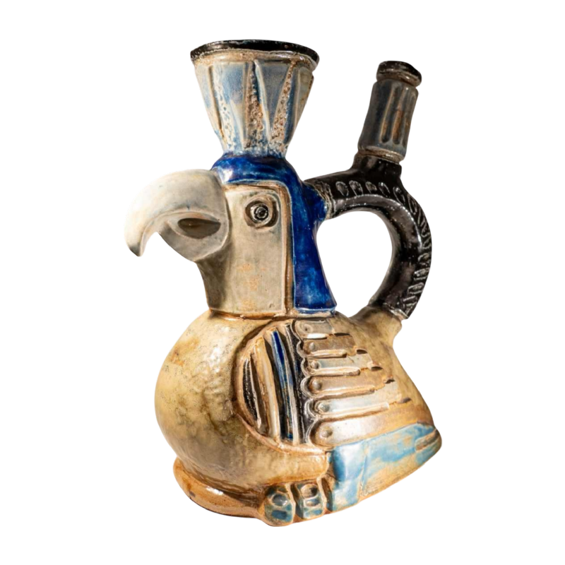 Jules Guérin, zoomorphic ceramic sculpture vase “Inca / Aztec bird” stoneware from Bouffioulx 1950s