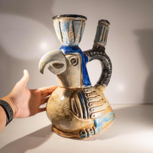Jules Guérin, zoomorphic ceramic sculpture vase “Inca / Aztec bird” stoneware from Bouffioulx 1950s