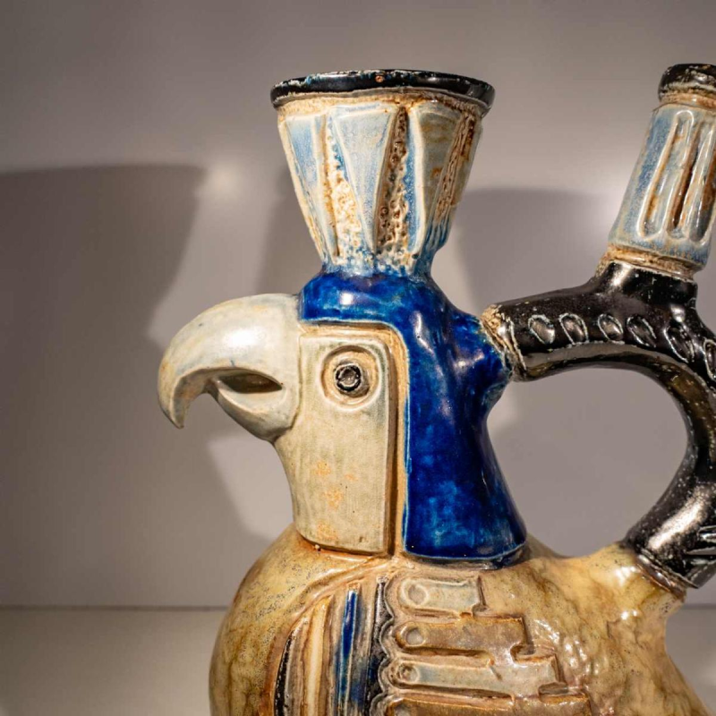 Jules Guérin, zoomorphic ceramic sculpture vase “Inca / Aztec bird” stoneware from Bouffioulx 1950s