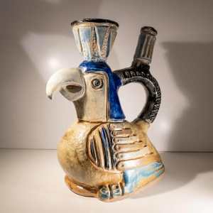 Jules Guérin, zoömorfe keramische sculptuurvaas "Inca / Azteekse vogel" steengoed uit Bouffioulx jaren 1950