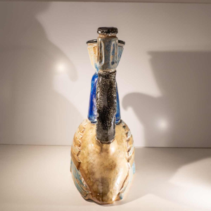 Jules Guérin, zoomorphic ceramic sculpture vase “Inca / Aztec bird” stoneware from Bouffioulx 1950s