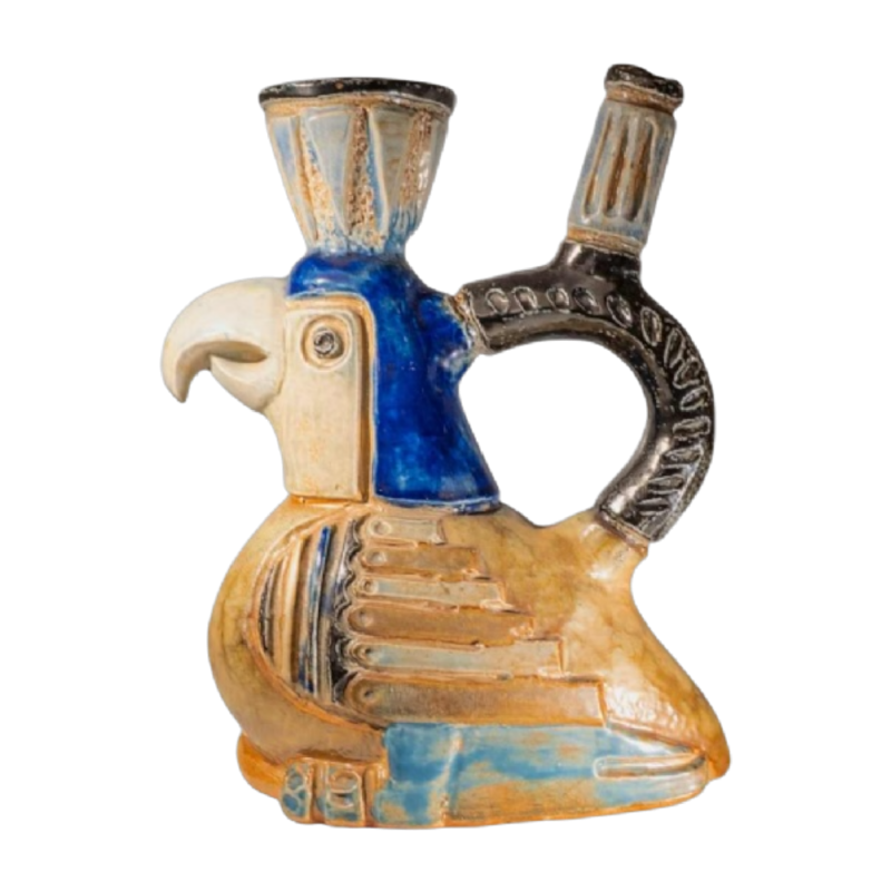 Jules Guérin, zoömorfe keramische sculptuurvaas "Inca / Azteekse vogel" steengoed uit Bouffioulx jaren 1950