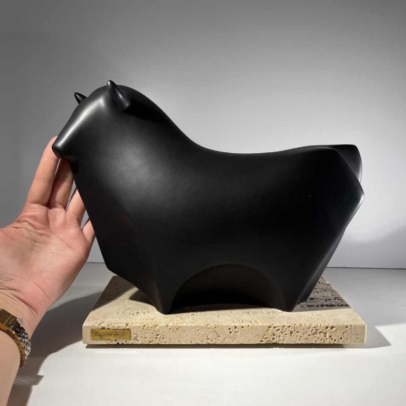 Vicente Agullo / Porta Celi, bull / black bizon sculpture, porcelain ceramic, travertine base, ca 1970