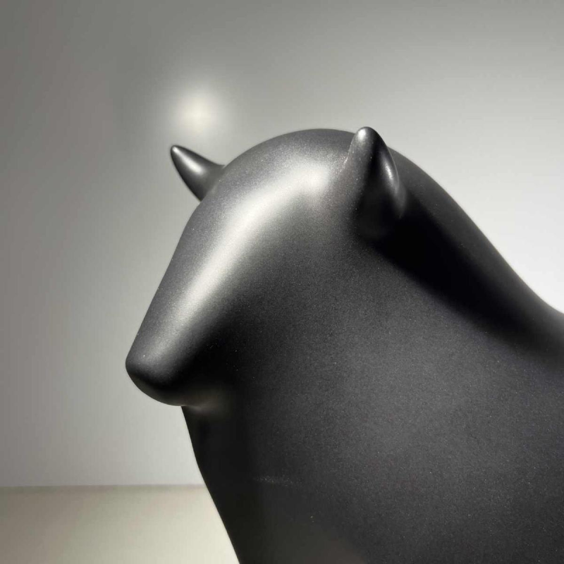 Vicente Agullo / Porta Celi, bull / black bizon sculpture, porcelain ceramic, travertine base, ca 1970