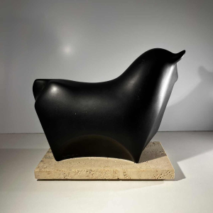 Vicente Agullo / Porta Celi, bull / black bizon sculpture, porcelain ceramic, travertine base, ca 1970