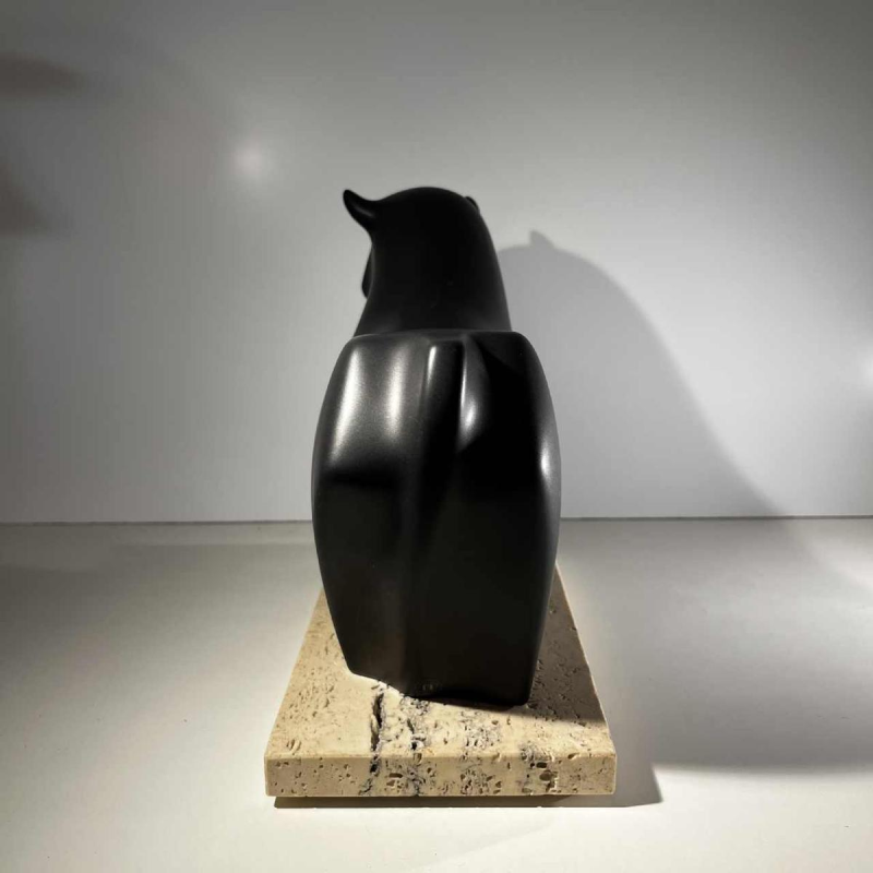 Vicente Agullo / Porta Celi, bull / black bizon sculpture, porcelain ceramic, travertine base, ca 1970