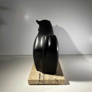Vicente Agullo / Porta Celi, bull / black bizon sculpture, porcelain ceramic, travertine base, ca 1970