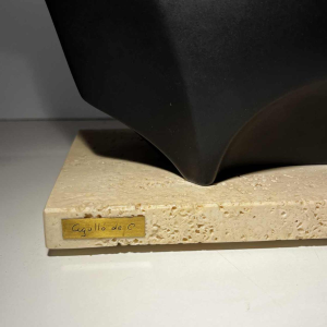 Vicente Agullo / Porta Celi, bull / black bizon sculpture, porcelain ceramic, travertine base, ca 1970