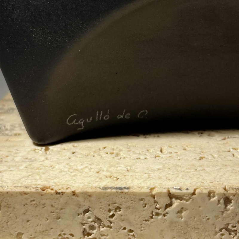 Vicente Agullo / Porta Celi, bull / black bizon sculpture, porcelain ceramic, travertine base, ca 1970