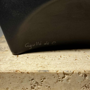 Vicente Agullo / Porta Celi, bull / black bizon sculpture, porcelain ceramic, travertine base, ca 1970